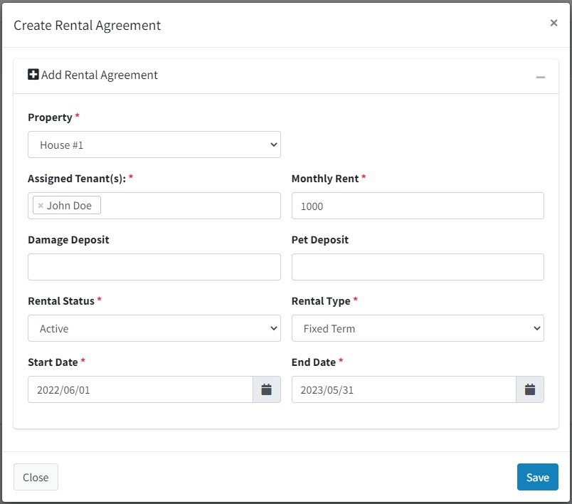 Create Rental agreement panel
