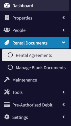 Rental Agreements Menu